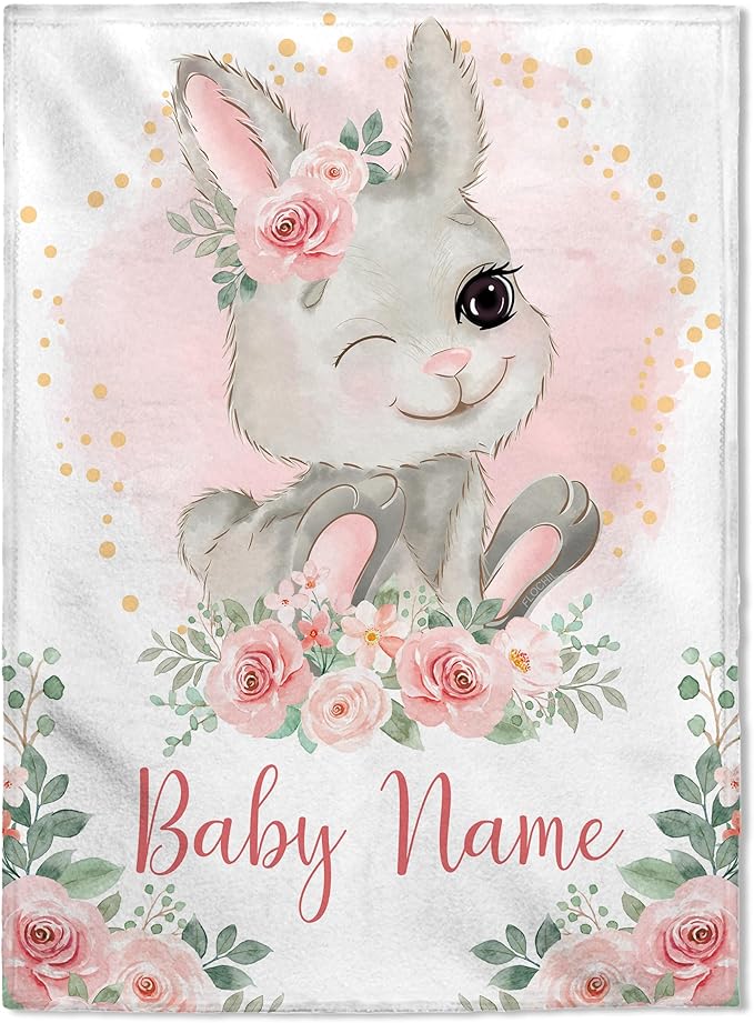 FLOCHIL Personalized Baby Blanket for Girls, Custom Baby Blanket with Name, Customized Baby Products, Gift for Baby, Newborn, Baby Shower (Bunny 1)