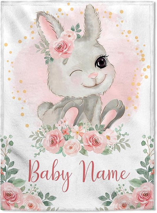 FLOCHIL Personalized Baby Blanket for Girls, Custom Baby Blanket with Name, Customized Baby Products, Gift for Baby, Newborn, Baby Shower (Bunny 1)