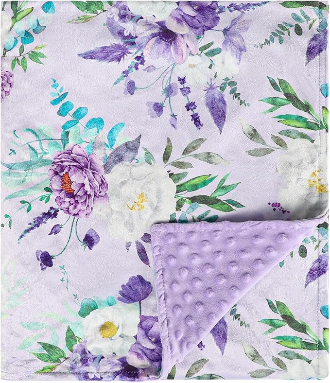 Toddler Blanket 50 x 60 Inch, Large Baby Blanket for Kids, Super Soft Warm Minky with Dotted Backing, Purple Floral