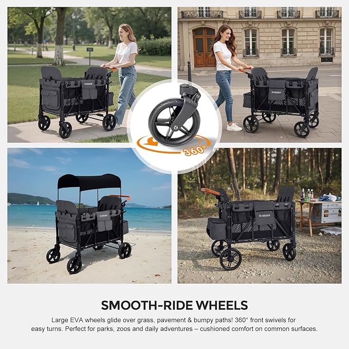 Elite 4-Seater Wagon Stroller for 2-4 Kids, One-Hand Fold, High Seats with 5 Point Harness, Adjustable Handle & Canopy, Dark Gray