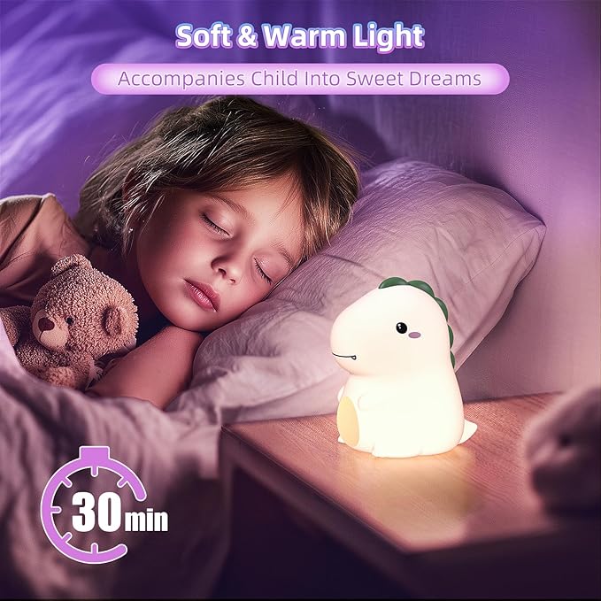Dinosaur Night Light for Boys, Dino Lamp Silicone Light, 16 Color Nightlight, Rechargeable Battery Powered, 30Min Timer Off, Ideal Gifts for Kids,Toddler,Baby