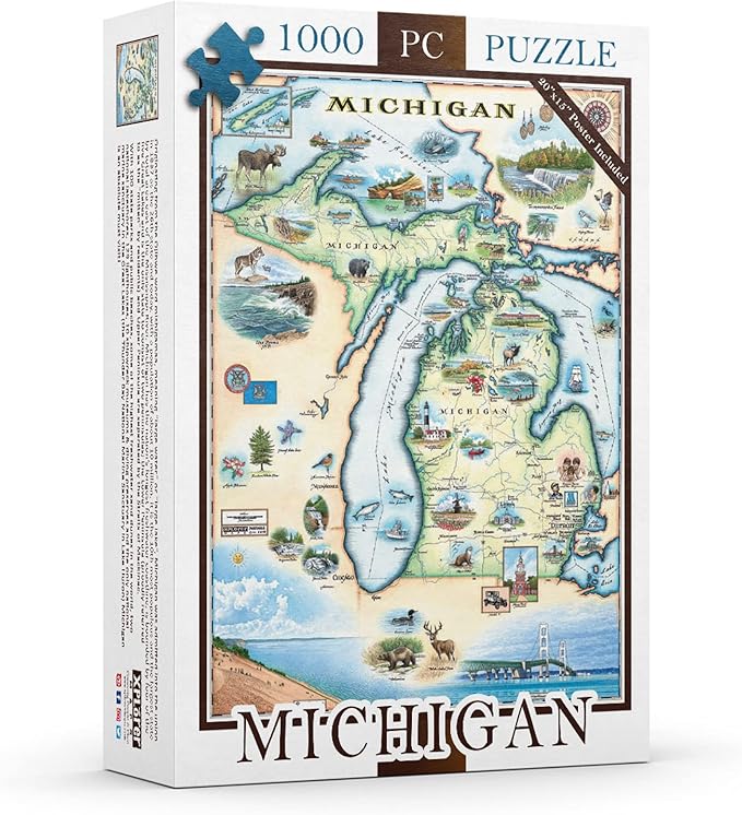 Michigan Map Cardboard Jigsaw Puzzle - 1000 Pieces, Hand-Illustrated - Educational, Family Activity, Ages 7+, Includes Poster - 25.4 x 19.8