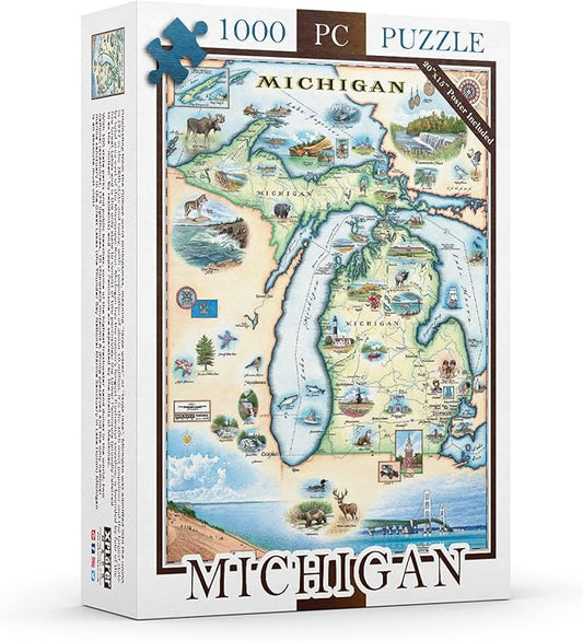 Michigan Map Cardboard Jigsaw Puzzle - 1000 Pieces, Hand-Illustrated - Educational, Family Activity, Ages 7+, Includes Poster - 25.4 x 19.8