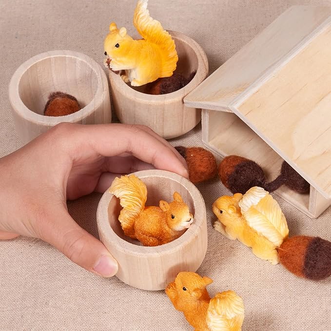 Sorting Stacking Wooden Toys for Toddlers, Squirrel Montessori Toys Toddler Sensory Bin Tool Toy, Wood Squirrel Toy House Fine Motor Skill Early Learning Educational Gift for Kids