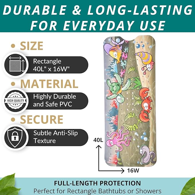 ENKOSI Bath Mat - Large Non Slip Bathtub & Shower Mat - Extra Long 40 x 16 Inch Bathroom Mats for Tub Nonslip Anti Slip Bathmats (Ocean Friends), 1 Pack