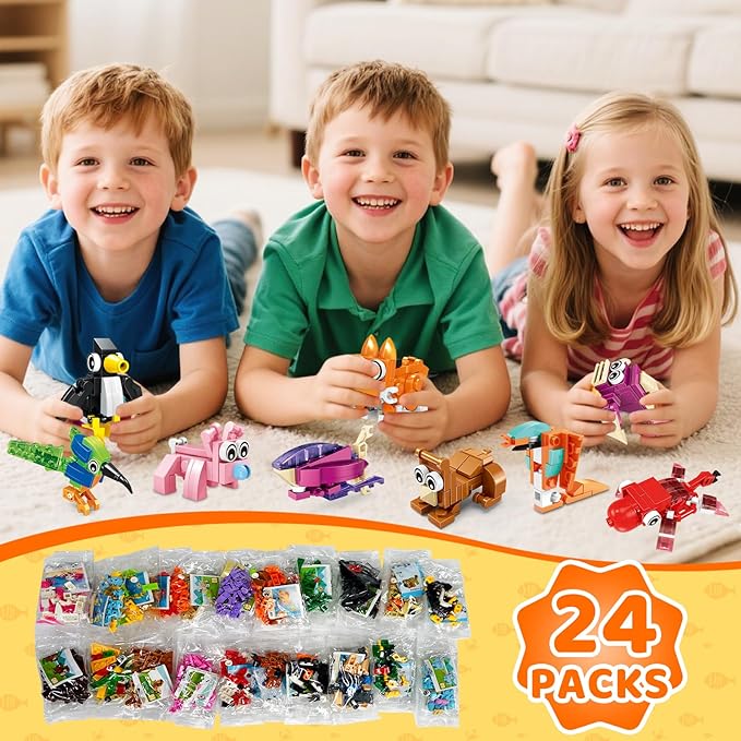 24 Pack Mini Animals Building Block Toy Stocking Stuffers Classroom Prizes Goodie Bags Fillers Building Set, Birthday Gifts Party Favors for Boys Girls Ages 6 8 10 12