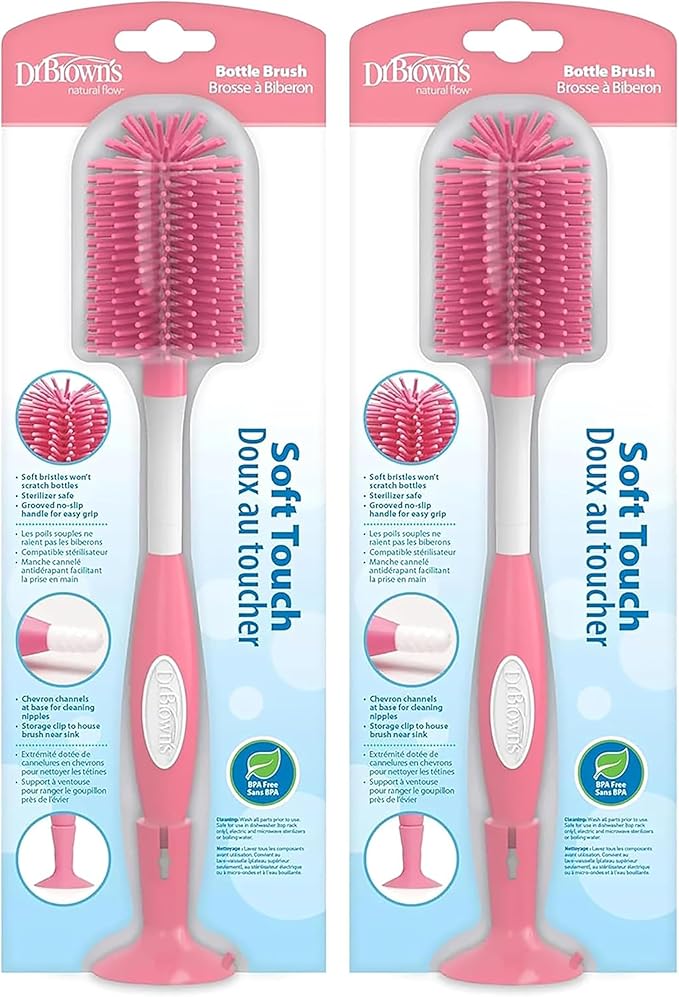 Dr. Brown's Bottle Cleaning Brush, Soft Touch No Scratch, BPA Free | Pink | 2-Pack | With Stand | Nipple Cleaner