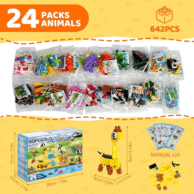 24 Pack Mini Animals Building Block Toy Stocking Stuffers Classroom Prizes Goodie Bags Fillers Building Set, Birthday Gifts Party Favors for Boys Girls Ages 6 8 10 12