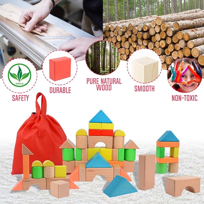 Large Wooden Building Blocks Set - Educational Preschool Learning Toys with Carrying Bag, Toddler Blocks Toys for 3+ Year Old Boy and Girl Gifts