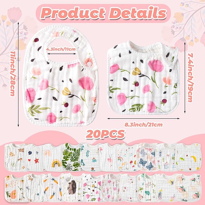 Zainpe 20Pcs Snap Muslin Cotton Baby Bibs Soft Absorbent Adjustable Burp Cloths for Newborns Drooling Feeding Teething Eating