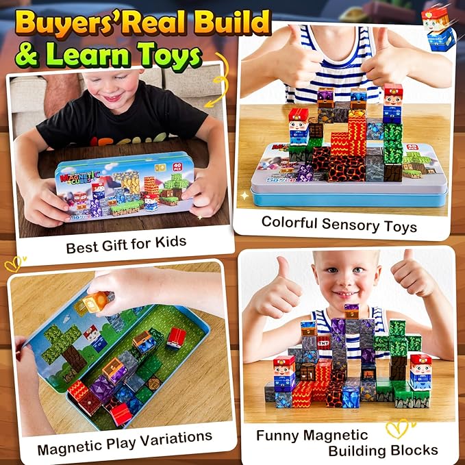 Magnetic Blocks Travel Toys with Metal Tin Travel Essentials STEM Learning Outdoor Building Kids Toddler Toys & Birthday Gifts for Boys Girls Ages 3+