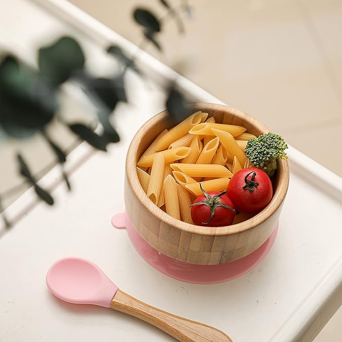 Baby Bamboo Bowls with Suction and Matching Spoon Set,2PC Feeding Supplies Set for Infant, Toddlers,Detachable Silicone Suction Stay Put Base for Wooden Bowl （Pink）