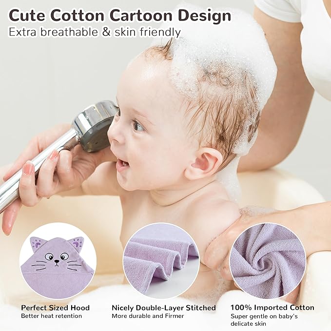 Viviland 2 Pack Hooded Baby Towels, Soft 100% Cotton Baby Bath Towels with Hood, Extra Thick and Absorbent, Essential for Newborns, Kids, Infants - Girls and Boys (Cat & Rabbit)