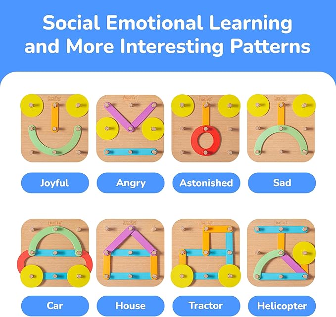 Bimi Boo Construction Activity Set: Premium Wooden Stacking Letters, Numbers, Shape Sorter Peg Board for Toddlers, Learning ABCs, Colors, Emotions (28 Sticks, 1 Board, 1 Guide Booklet)