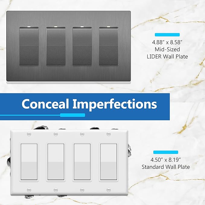 LIDER Brushed Finish Decorator Switch Cover, Screwless Wall Plate, Mid-Size 4-Gang 4.88" x 8.58", Unbreakable Polycarbonate Thermoplastic, UL Listed, LSWP-34M-BSG, Brushed Space Gray