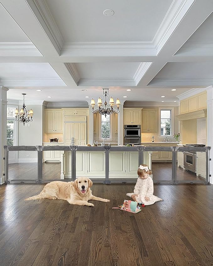 Extra Wide Baby Gate Playpen with Heat-Resistant Mesh,6 Panel Foldable Baby Fence,Indoor/Outdoor Safety Barrier,Dog Playpen & Fireplace Gate Gray