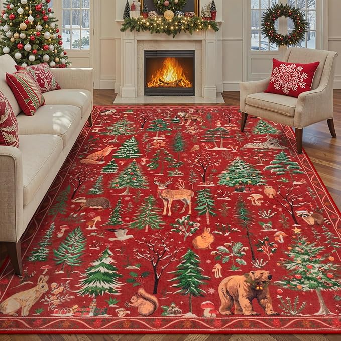 OJIA Christmas Area Rug 8x10 Red Animal Living Room Carpet Bedroom Throw Rug, Holiday Washable Rugs Non-Slip Soft Low Pile Kids Nursery Rug Large Carpet for Playroom Dining Room Home Decor