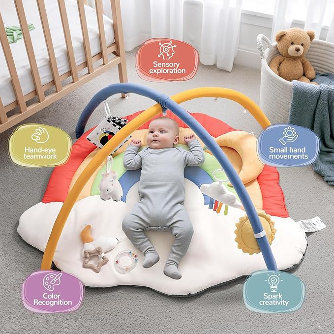 Baby Gym Play Mat with 6 Detachable Toys, Tummy Time Mat for Floor, Promote Motor Skills & Sensory Development Mat for Infant, Washable Baby Activity Mat, Easy to Install, Baby Essentials Gift-Rainbow