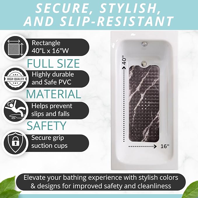 ENKOSI Bath Mat – Large 40 x 16 Inch Non-Slip Bathtub Mat with Secure Anti-Slip Suction Cups & Drain Holes – Extra Long Bathroom Shower Mat for Tub with Black Marble Design (Black Marble 40x16)