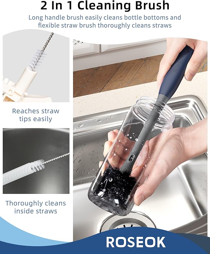 2 in 1 Long Handle Bottle Brush with Straw Brush for Cleaning Glass, Sports Bottle, Coffee Mug, Gray, 1 Pack