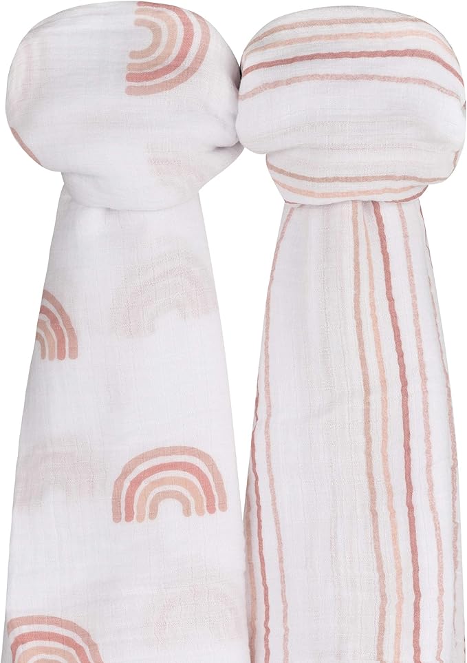 Ely's & Co. Cotton Muslin Swaddle Blanket 2-Pack for Baby Girl — 100% Cotton Muslin Extra-Large Swaddle Blankets (47” x 47”) Dusty Rose Stripes | Rainbows
