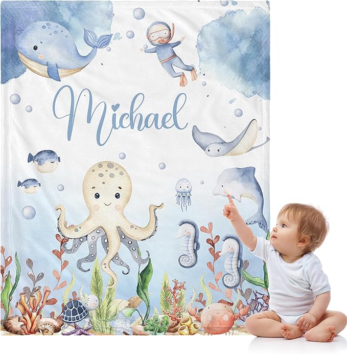 J&SBGFT Personalized Baby Blanket for Boys with Custom Name, Receiving Blanket for Toddlers and Kids' Nursery, Stroller, Crib, Decor and Throw, Undersea