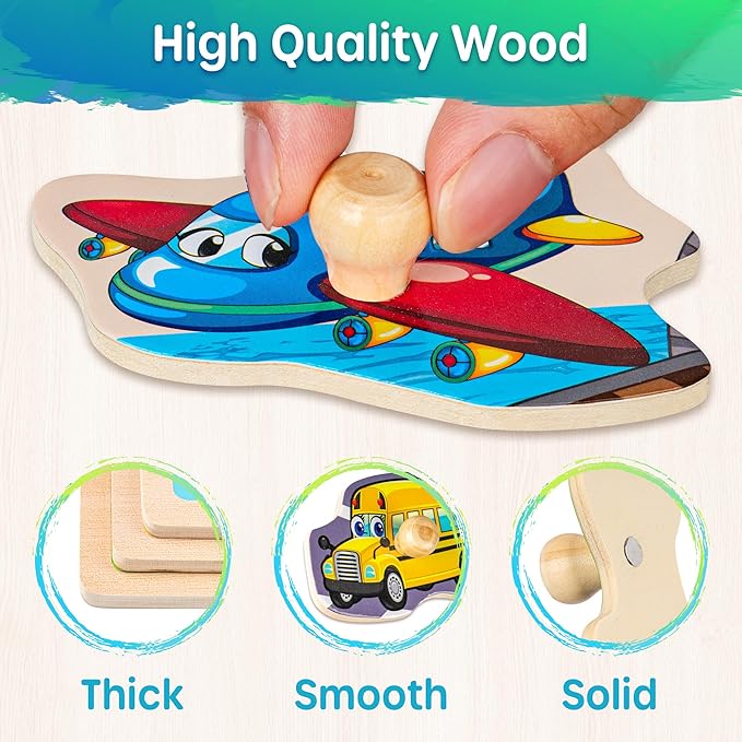SYNARRY Wooden Puzzles for Toddlers 1-3, 6XSET Puzzles for Toddlers 2-4 with Rack, Learning Alphabet Number Shape Animal Dinosaur Vehicle, Education Toddler Puzzles Toys Gifts for 2 3 Years Boys Girls