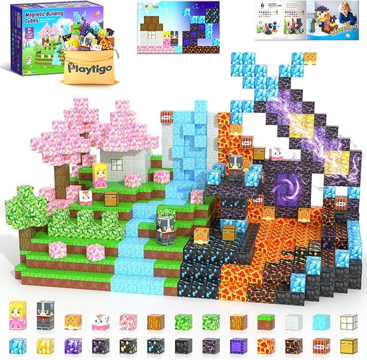 154PCS Magnetic Blocks - Build Mine Magnet World Stacking Cube Toys with Magnet Board, Magnetic Tiles Building Blocks STEM Construction Toys, Sensory Games for Kids Age 3+ Boys Girls Birthday Gift
