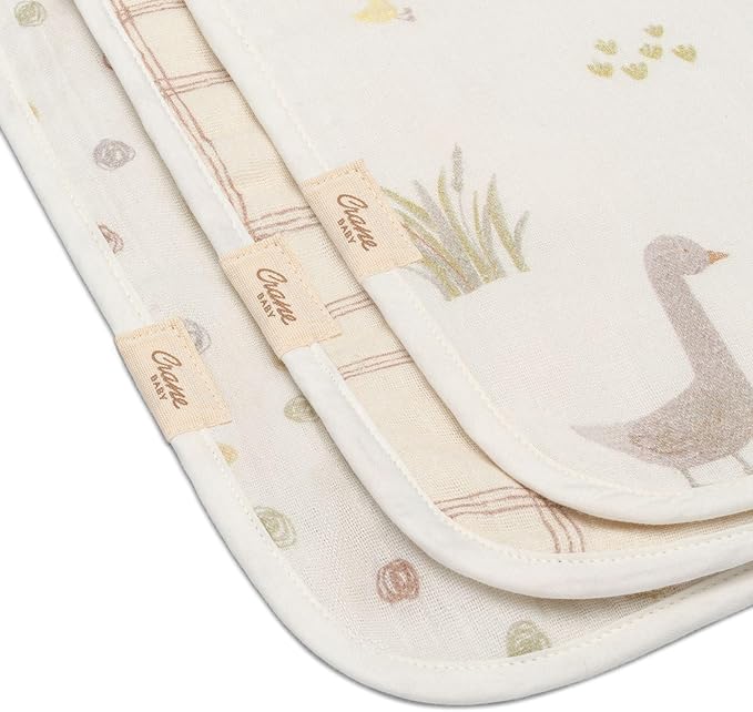 Crane Baby Burp Cloth Set, 3-pc. Charlie Farmhouse Goose Collection, Soft 100% Cotton Muslin Burping Cloths for Baby Boys &Girls, Newborn Burp Rags, Baby Must Haves for Newborns, Farm Nursery Decor