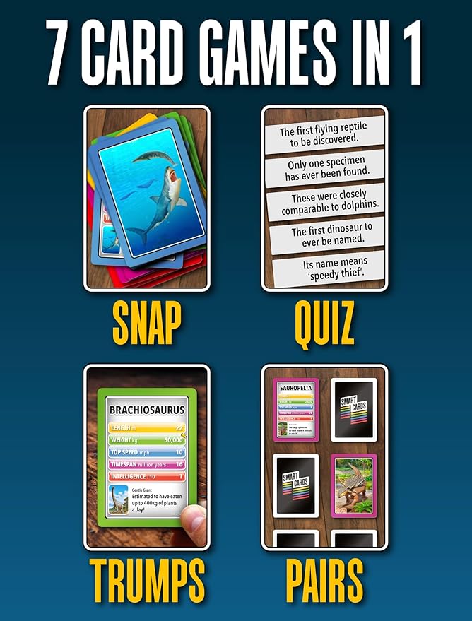 DINOSAURS Card Game - Matching Pairs, Snap, Trumps, Rummy, Happy Families (7 Games To Play) | Travel Game, Gift, Stocking Stuffer | for Adults, Kids, Boys, Girls | Age 5+, 1-8 Players