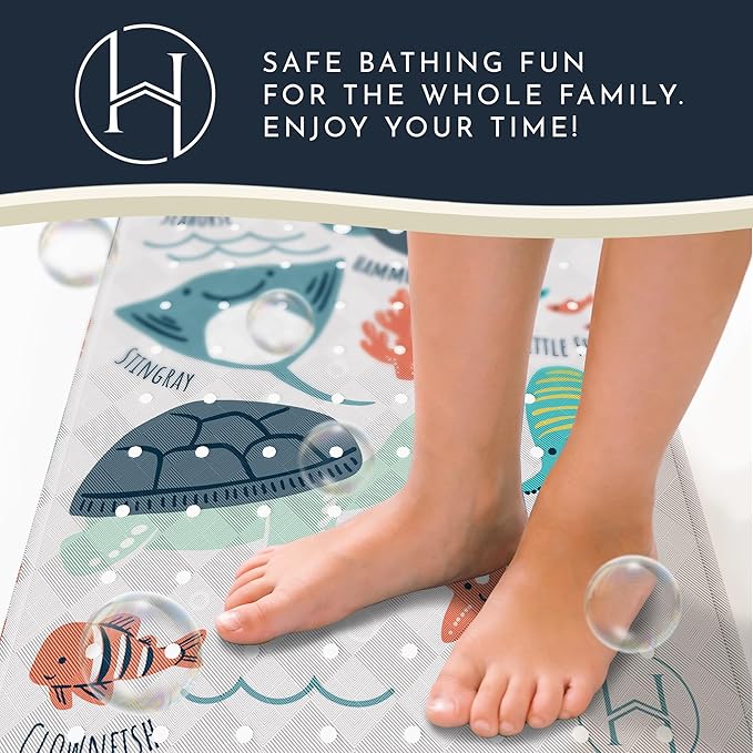 Homerella Baby Bath Tub Mat | Anti Mold Mildew Resistant Non Slip Kids and Adult Bath Tub Shower Mats | 40x16 inch Long with Suction Cups for Secure Grip Hooks for Storage & Drying | Machine Washable