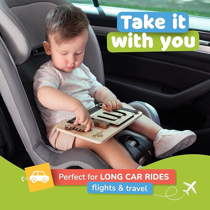 deMoca Sensory Busy Board for Toddlers, Premium Wooden Toddler Busy Board for 1 2 3 Year Old with 10 Educational Activities for Fine Motor Skills, Fidget Activity Toy for Travel Toy (Nature)