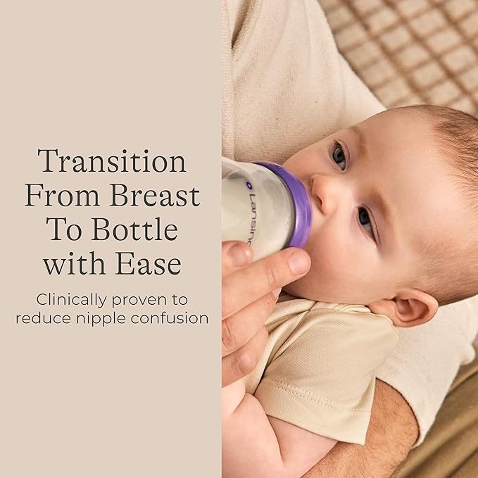 Lansinoh Anti-Colic Baby Bottles for Breastfeeding Babies, 11 Ounces, 4 Count, with 4 Fast Flow Nipples, Size F