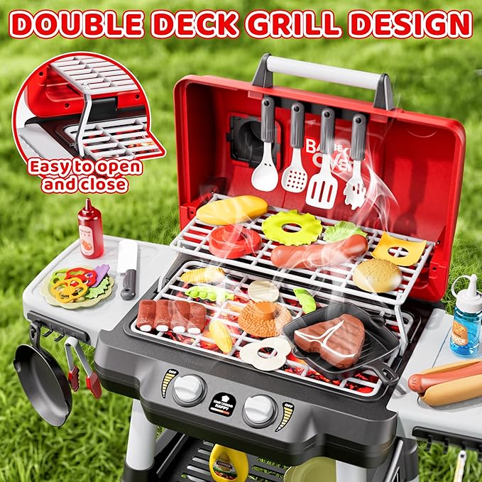 Kids Play Kitchen Toys, Kids BBQ Grill Playset，2-Tier Barbecue Toy with Wheels, Smoke Sound Light, Outdoor Play Food Toys Cooking Set, Birthday Gift for Toddlers 3-5