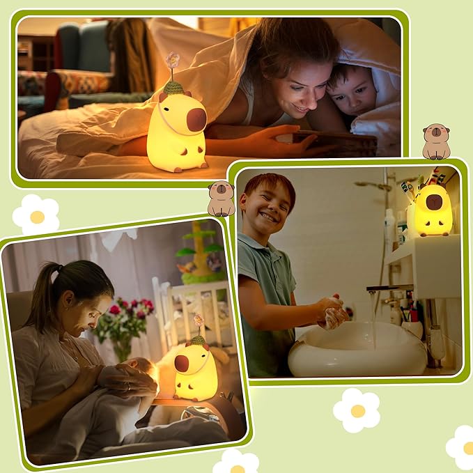Cute Capybara Night Light, Squishy Animal Flower Lamp with USB Rechargeable Timer Dimmable, Best Nursery Nightlight Home Bedside Decor Birthday Christmas Gift for Kids Women
