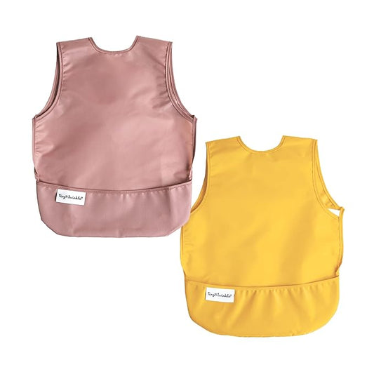 Tiny Twinkle Short Sleeve Apron Bibs for Babies & Toddlers – 2 Pack Waterproof, Mess-Proof Baby Bibs for Eating & Feeding, Machine Washable,Perfect Holiday Gift(Taupe Dandelion, 6–24M)