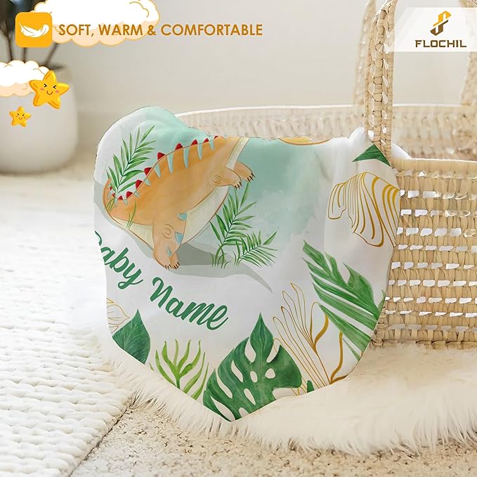 Personalized Baby Blankets, Custom Baby Blanket - Baby Blanket with Name for Boys, Best Gift for Baby, Newborn Elephants Flush Fleece (30x40) (Dinosaur 2)