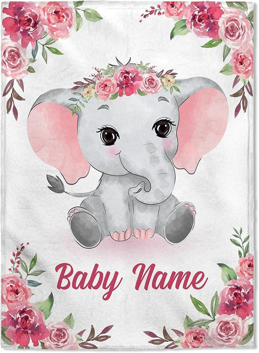 FLOCHIL Personalized Baby Blanket - Custom Baby Blanket with Name for Girls, Newborn Elephants Plush Fleece (30x40)