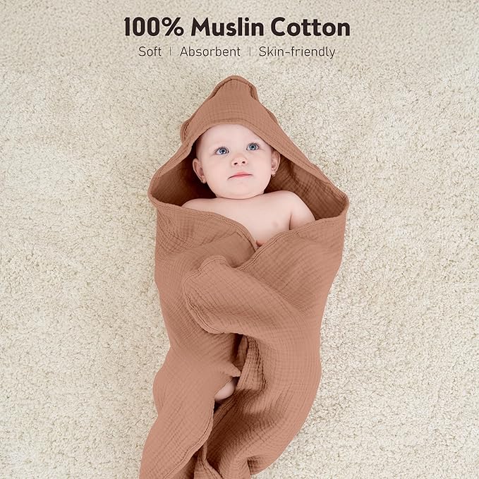 Susurration Hooded Baby Towels for Newborn 2 Pack 100% Muslin Cotton Towel for Babies，Highly Absorbent and Newborn Essential 30x30 Inch (Brown)