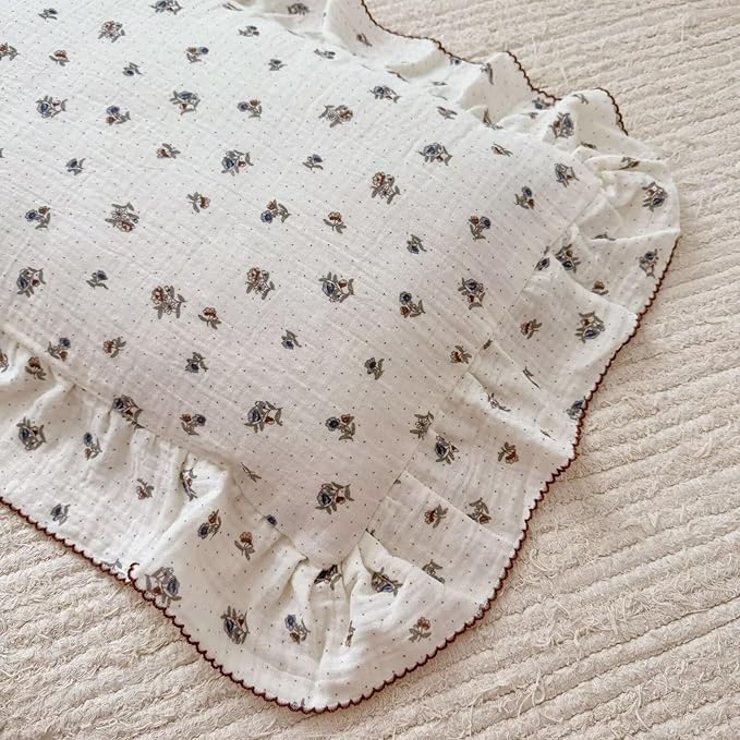 BuLuTu 100% Cotton Muslin Pillow Covers Fit for Kids Standard Size Pillow, Pansy Floral Print with Dots Pattern Children Ruffled Pillow Case, 1 pc, 20x26 Inch, Machine Washable