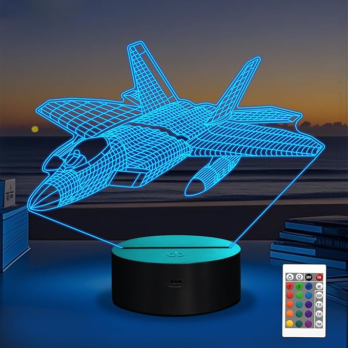 Airplane Model Gifts for Boys Men Pilot,16 Colors 3D Airplane Night Light for Aviation Lovers Room Decor,F-22 Raptor Vehicle Flighter Jet Plane 3D Illusion Lamp for Kids Xmas Gifts