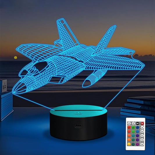 Airplane Model Gifts for Boys Men Pilot,16 Colors 3D Airplane Night Light for Aviation Lovers Room Decor,F-22 Raptor Vehicle Flighter Jet Plane 3D Illusion Lamp for Kids Xmas Gifts
