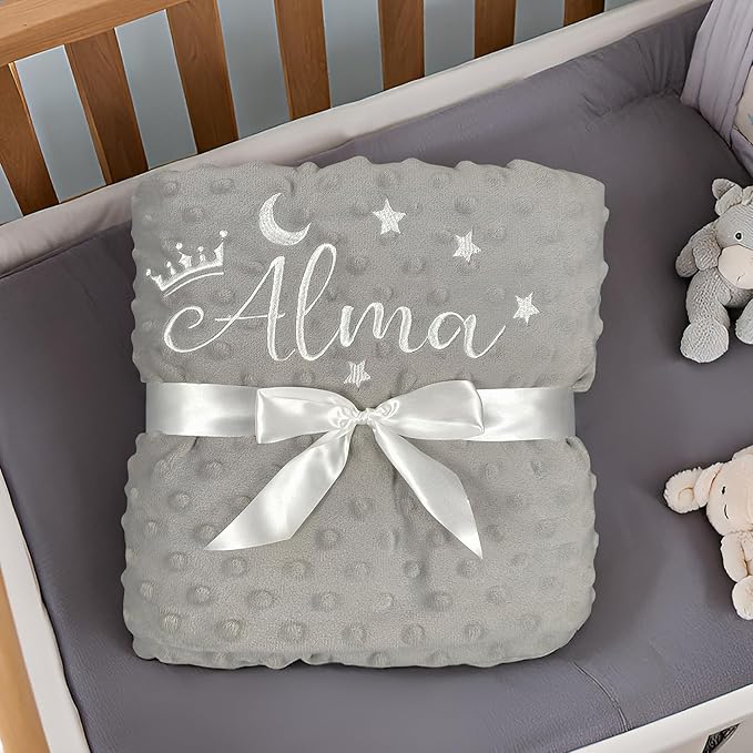 Personalized Baby Blanket, Custom Embroidered Blanket with Name, Newborn Baby Gifts, Customized Baby Nursery Bed Blankets, Soft Minky Fleece Crib Blankets for Toddlers, 27 * 35 inch-Grey