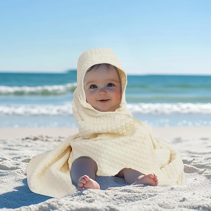 ORIGINAL KIDS Hooded Baby Towel - 100% Cotton Luxurious Jacquard Velour Baby Bath Towel with Hood - Boys Girls Infant Toddler - 550 GSM Soft Absorbent Newborn Bath Essentials - Large 30x30 - Ivory