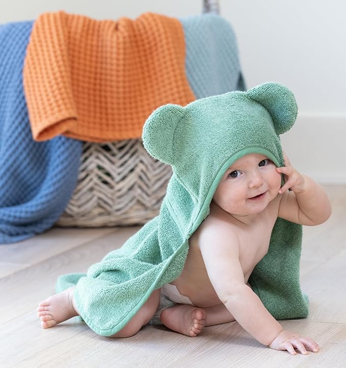 Bella Tunno Baby Bath Towel and Wash Mitt Set – Soft Absorbent Hooded Towels and Mitt-Style Baby Washcloths, Oeko-TEX Certified (Sea Foam)