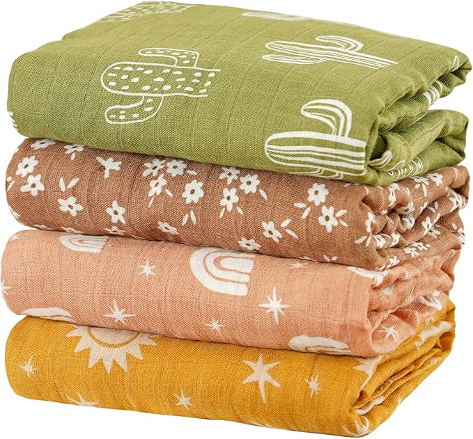 4 Set Muslin Swaddle Blankets for Newborn Baby Boys, Girls,Receiving Blankets-Cute Soft Print Baby Towel Wrap 120x110cm Baby(Cactus)