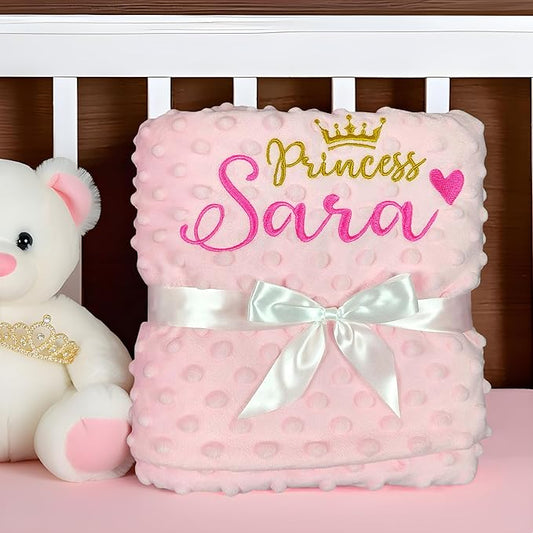 Personalized Baby Blankets for Girl, Custom Baby Blanket with Name, Embroidered Soft Minky Fleece Plush Sherpa Toddler Crib Stroller Blanket, Customized Newborn Birthday Gift Set, 27 * 35 Inch-Pink