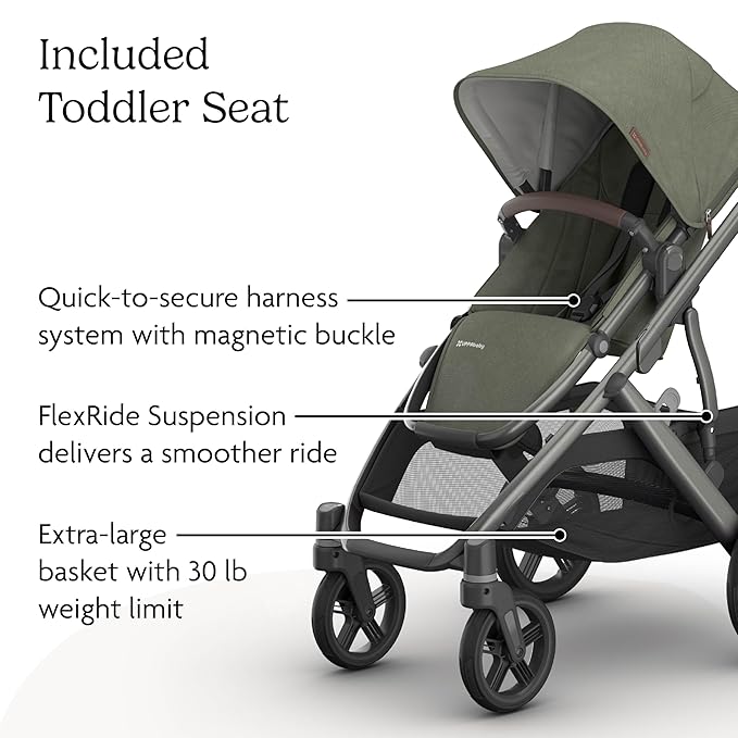 UPPAbaby Vista V3 Stroller - Full-Size Single-to-Double Stroller System - Toddler Seat, Bug Shield, Rain Shield, and Storage Bag Included - Evelyn (Meadow Green/Graphite Frame/Chestnut Leather)