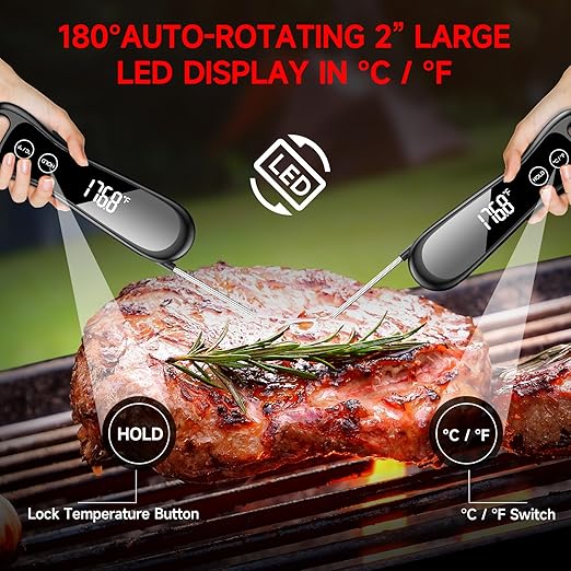 2025 Upgraded Meat Thermometer Digital-1 Second Instant Read Food Thermometer with Large LED Display-IP67 Waterproof Kitchen Thermometer for Grilling and Cooking for Oven, BBQ, Smoker, Candy, Turkey