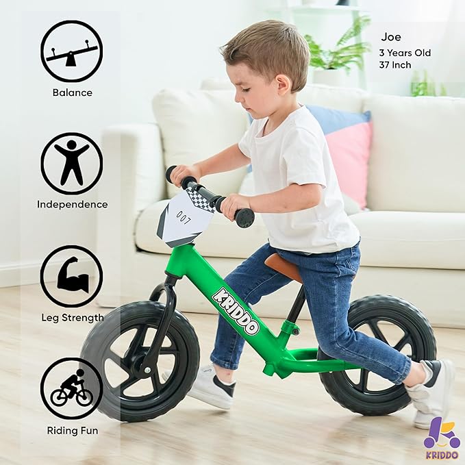 KRIDDO Toddler Balance Bike 2 Year Old, Age 18 Months to 5 Years Old, 12 Inch Push Bicycle with Customize Plate (3 Sets of Stickers Included), Gift Bike for 2-3 Boys Girls, Green